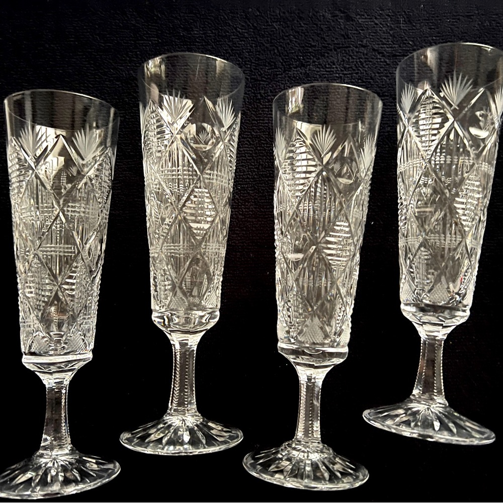 Crystal Champaign Glasses (4). Research = these beauties were made in Yugoslavia